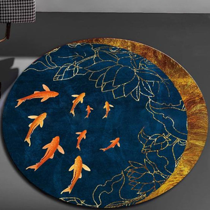 Round White Color Ink Effect Rug Polyester Oriental Carpet Non-Slip Backing Indoor Rug for Living Room