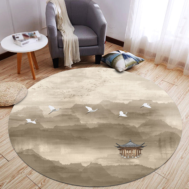 Round White Color Ink Effect Rug Polyester Oriental Carpet Non-Slip Backing Indoor Rug for Living Room