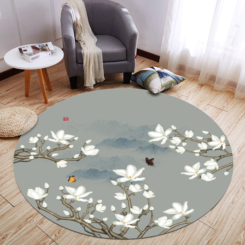 Round White Color Ink Effect Rug Polyester Oriental Carpet Non-Slip Backing Indoor Rug for Living Room