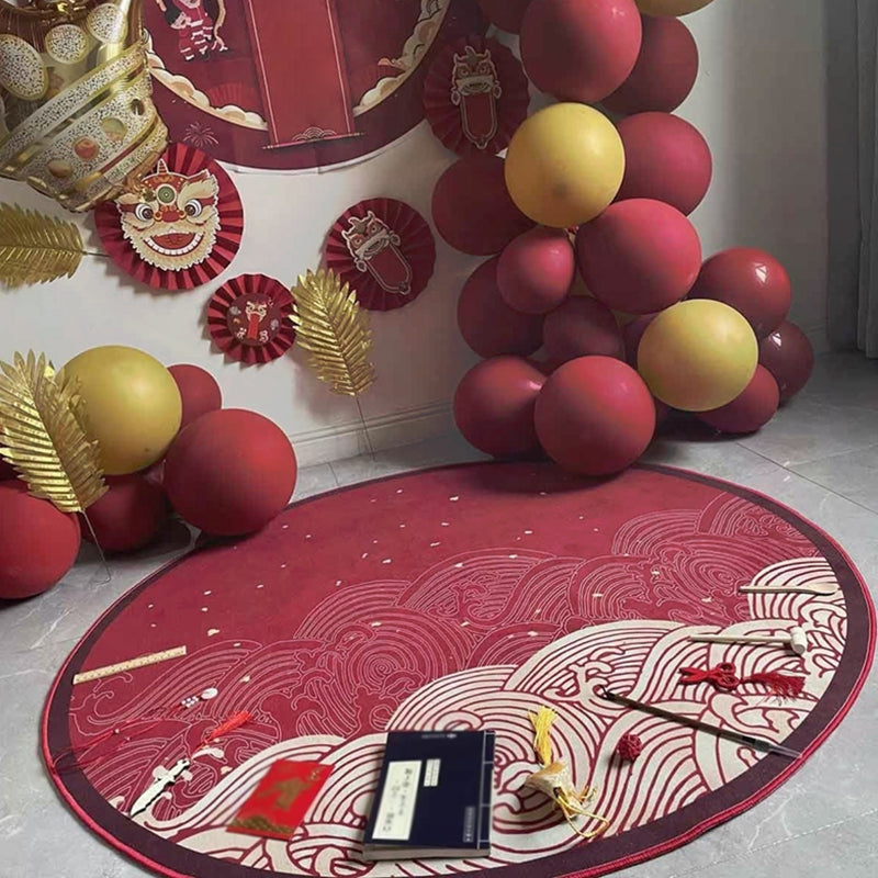 Red Tone Antique Print Rug Polyester Oriental Anti-Slip Backing Indoor Rug for Living Room