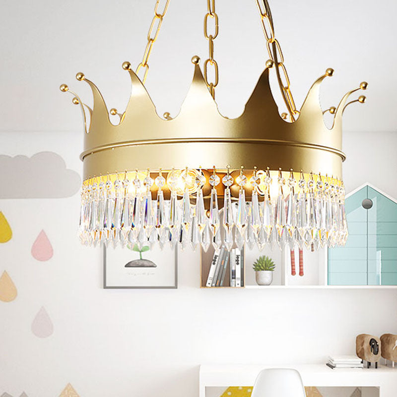 Gold 5 cabezas de lámpara iluminación tradicionalismo de cristal facetado corona colgante de techo para dormitorio