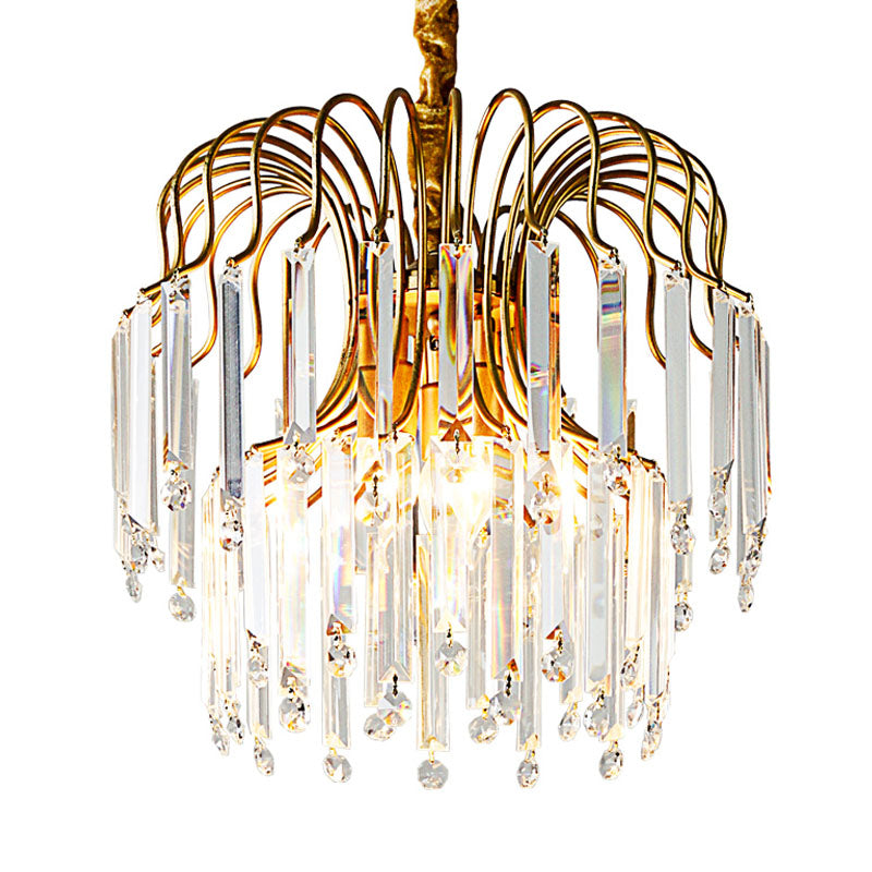 Rectangle-Cut Crystal Gold Hanging Chandelier Waterfall 3 Lights Vintage Down Lighting Pendant for Dining Room