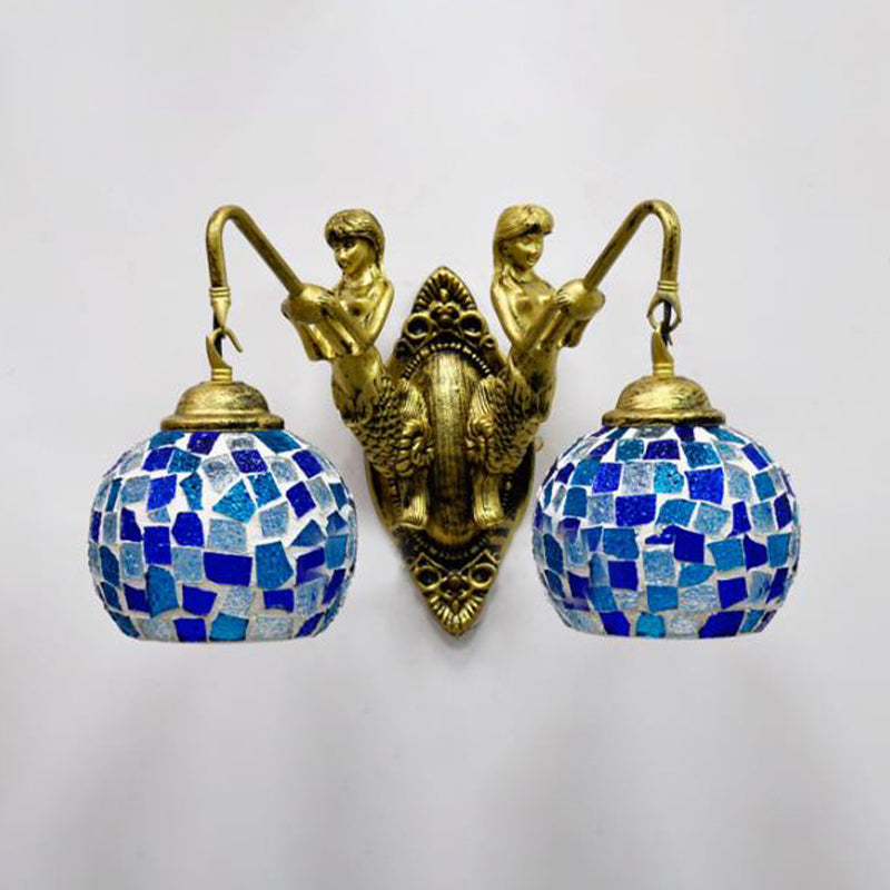2 Lights Wall Mount Lighting Mediterranean Spherical Stained Glass Sconce Light in Red/Yellow/Orange with Mermaid Arm