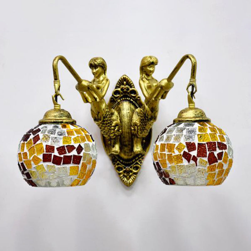 2 Lights Wall Mount Lighting Mediterranean Spherical Stained Glass Sconce Light in Red/Yellow/Orange with Mermaid Arm