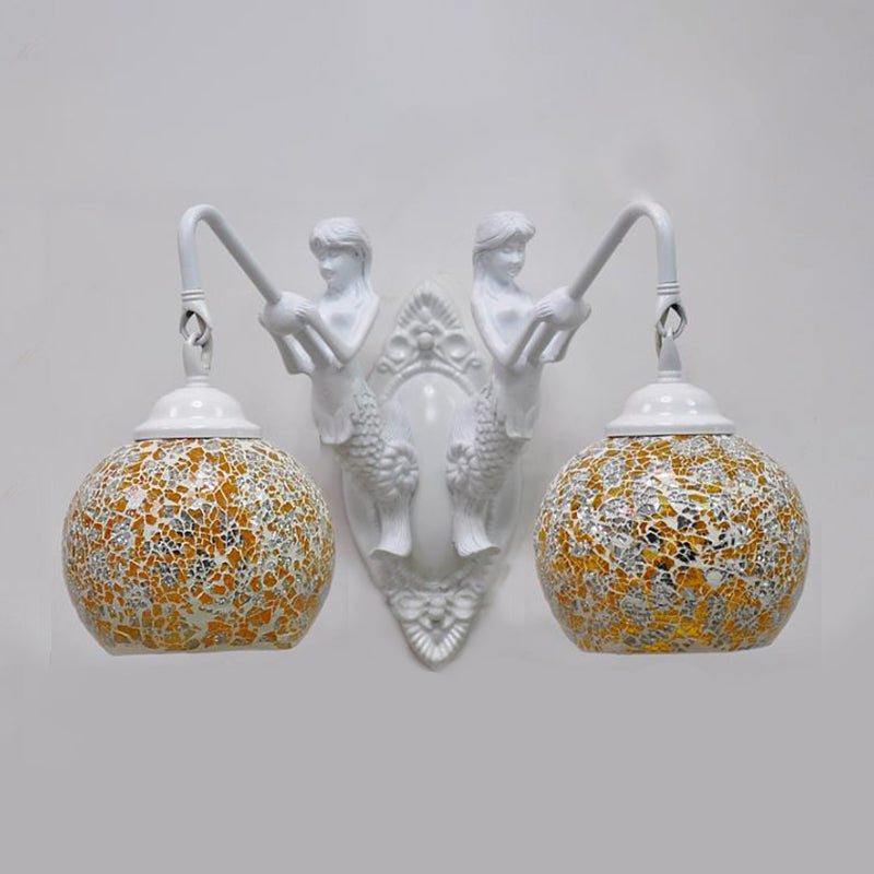 Cut Glass Red/Pink/Yellow Vanity Lamp Globe Shade 2 Lights Mediterranean Sconce Light Fixture for Bathroom