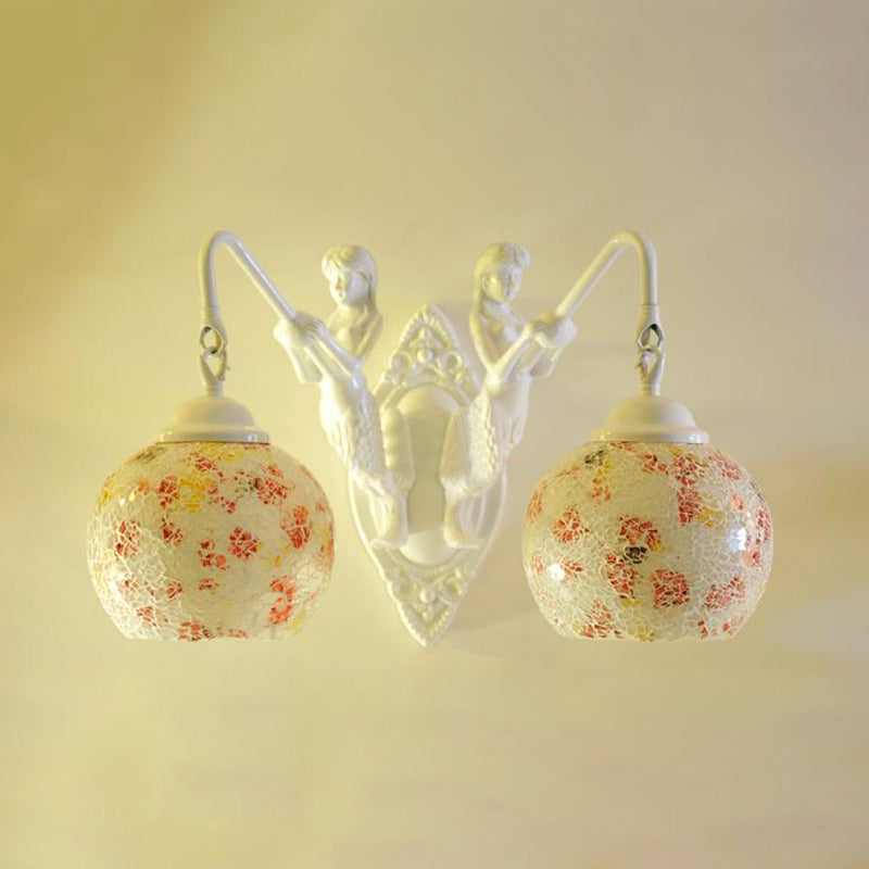 Cut Glass Red/Pink/Yellow Vanity Lamp Globe Shade 2 Lights Mediterranean Sconce Light Fixture for Bathroom