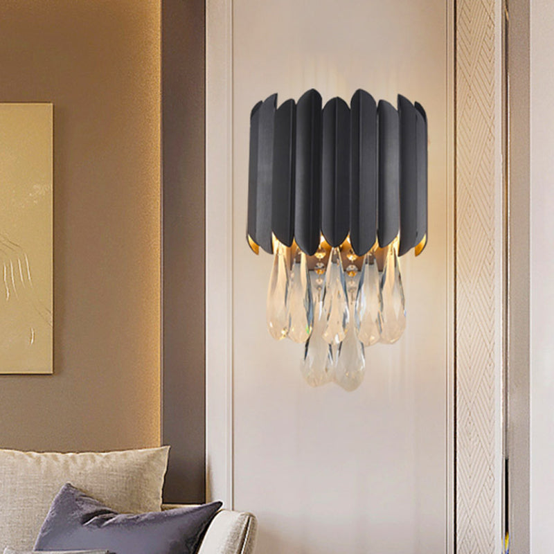 2 Lights Crystal Wall Sconce Traditionalist Black/Gold Teardrop Bedroom LED Wall Mounted Light