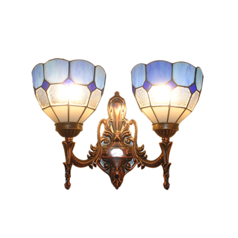 Stained Glass Domed Shade Wall Mounted Lighting Baroque 2 Lights Blue/Gold/Tan Sconce Light for Bedroom