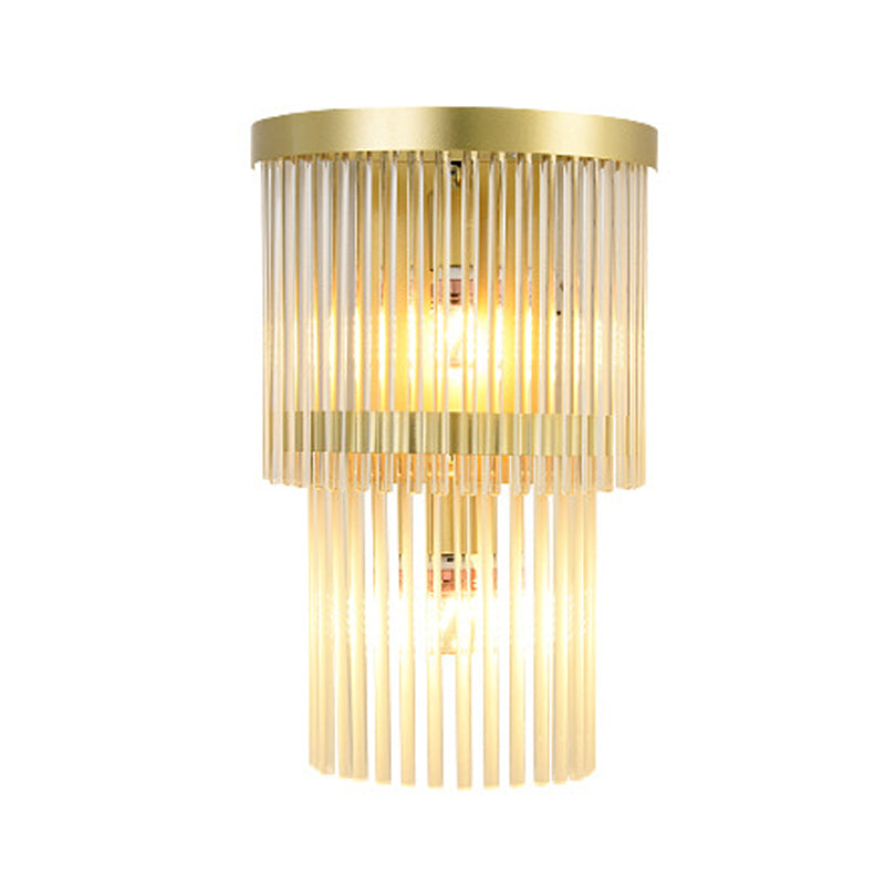 2 Bulbs Half Cylinder Wall Sconce Traditional Gold Clear Crystal LED Wall Light for Living Room