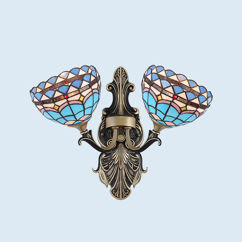 Cut Glass White/Red/Yellow Wall Lighting Idea Blossom/Domed 2 Lights Tiffany Stylish Sconce with Curved Arm