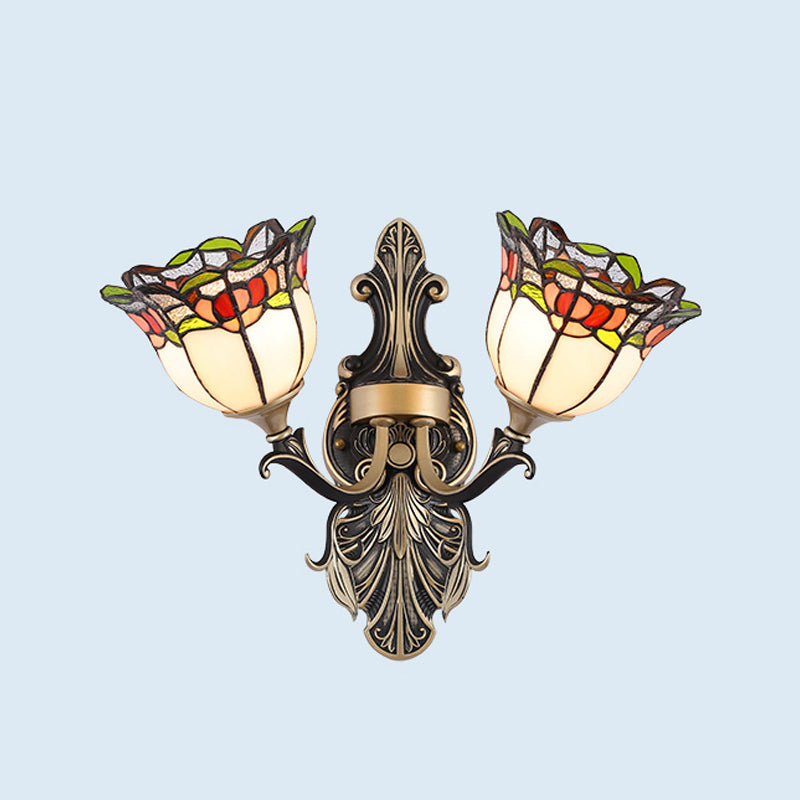 Cut Glass White/Red/Yellow Wall Lighting Idea Blossom/Domed 2 Lights Tiffany Stylish Sconce with Curved Arm