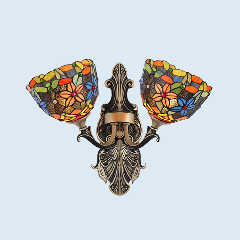 Cut Glass White/Red/Yellow Wall Lighting Idea Blossom/Domed 2 Lights Tiffany Stylish Sconce with Curved Arm