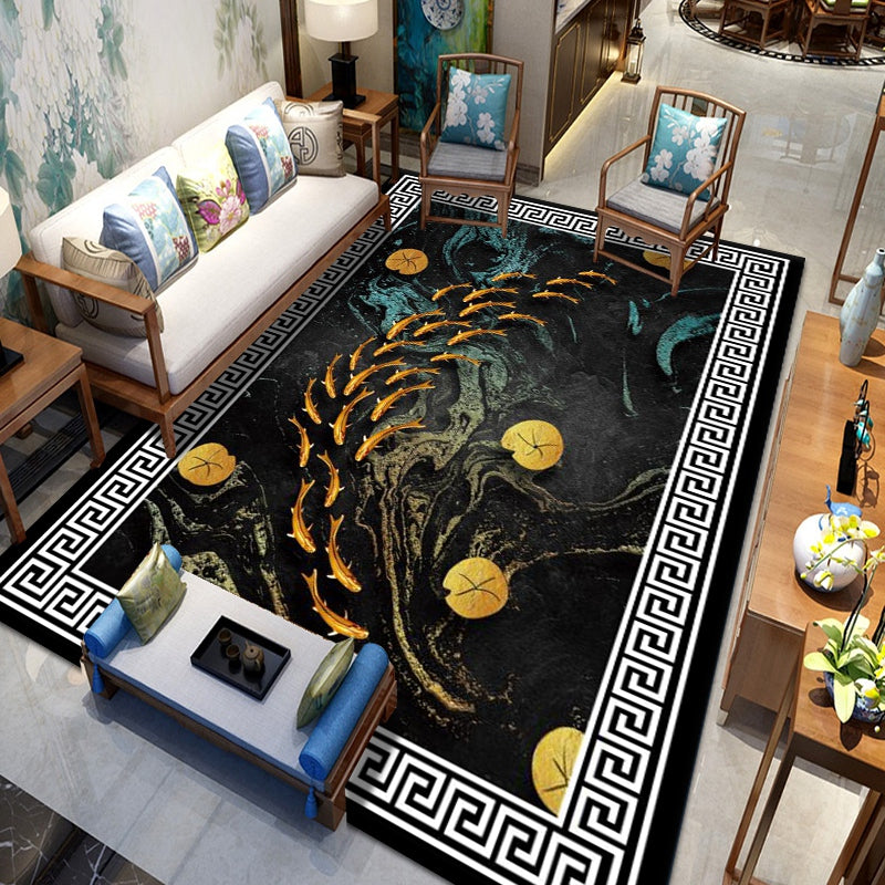 Dark Color Fish Print Rug Polyester Shabby Chic Anti-Slip Backing Indoor Rug for Living Room