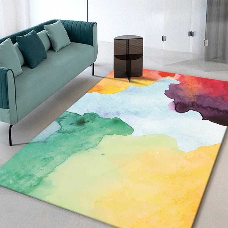 Multicolored Abstract Art Indoor Rug Modern Watercolor Printed Rug Polyester Non-Slip Backing Carpet for Living Room