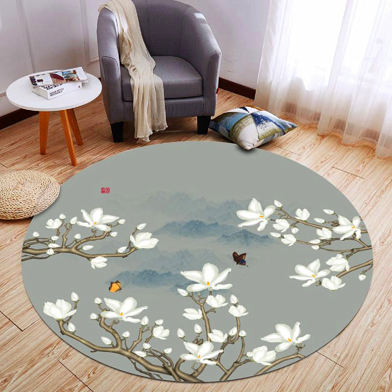 Round Solid Color Branch Print Rug Polyester Shabby Chic Anti-Slip Backing Indoor Rug for Living Room