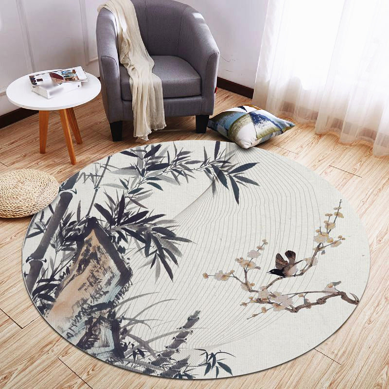 Round Solid Color Branch Print Rug Polyester Shabby Chic Anti-Slip Backing Indoor Rug for Living Room