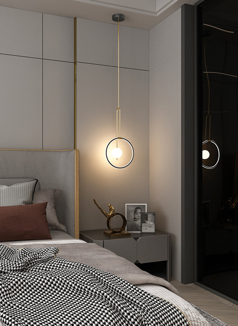Circular LED Hanging Light Fixture Minimalism Metal Black-Gold Drop Pendant for Bedroom