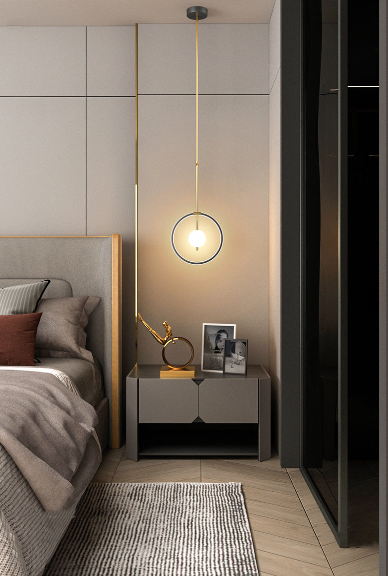 Circular LED Hanging Light Fixture Minimalism Metal Black-Gold Drop Pendant for Bedroom