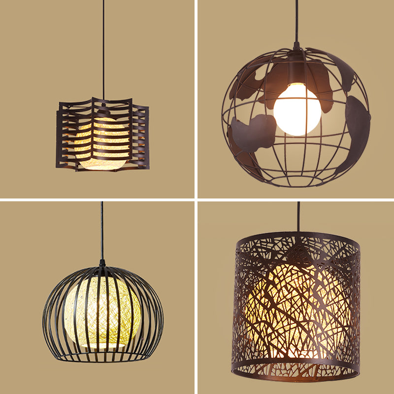 1 Head Cage Suspended Lighting Fixture Retro Metal Black Pendant Lamp for Restaurant