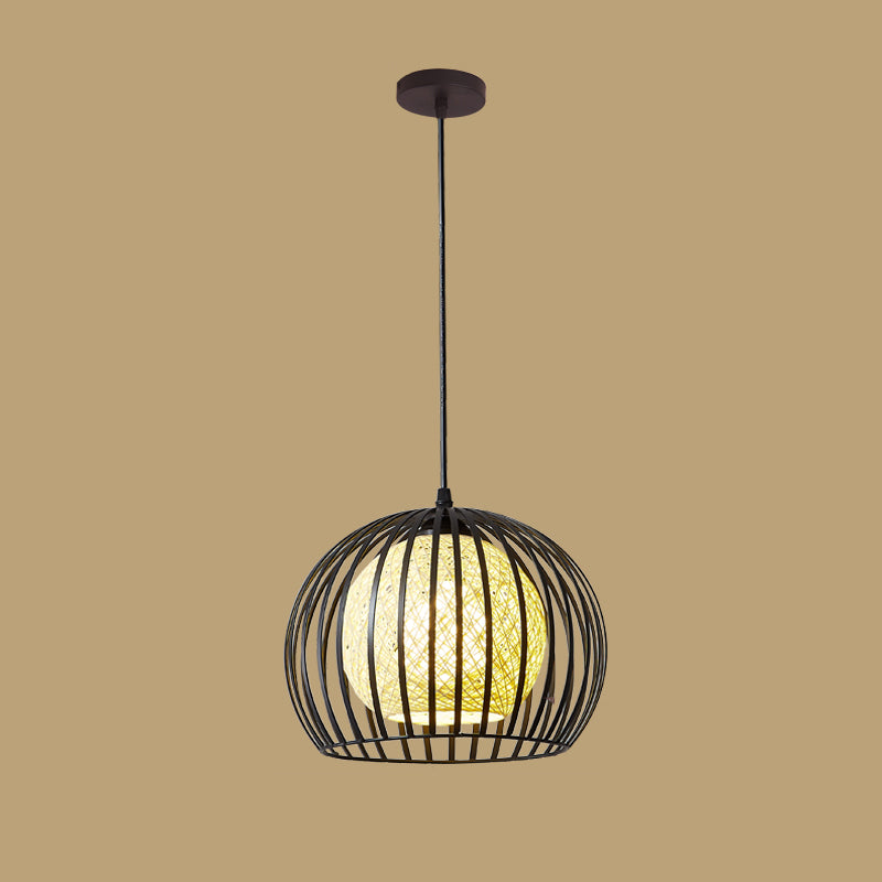 1 Head Cage Suspended Lighting Fixture Retro Metal Black Pendant Lamp for Restaurant