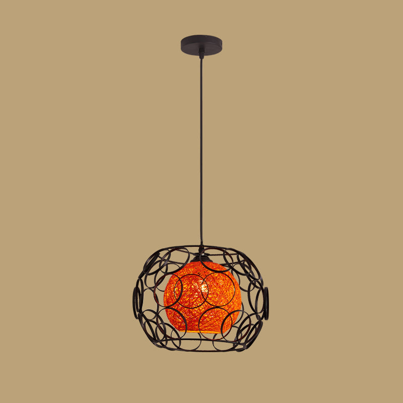 1 Head Cage Suspended Lighting Fixture Retro Metal Black Pendant Lamp for Restaurant