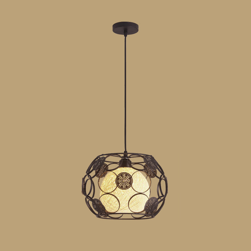 1 Head Cage Suspended Lighting Fixture Retro Metal Black Pendant Lamp for Restaurant