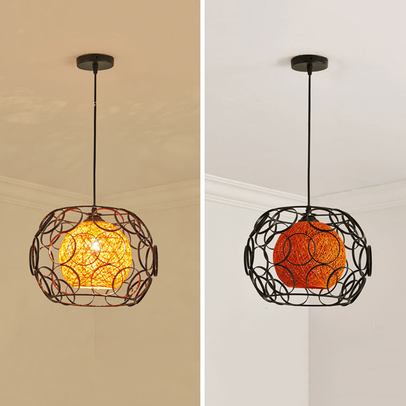 1 Head Cage Suspended Lighting Fixture Retro Metal Black Pendant Lamp for Restaurant