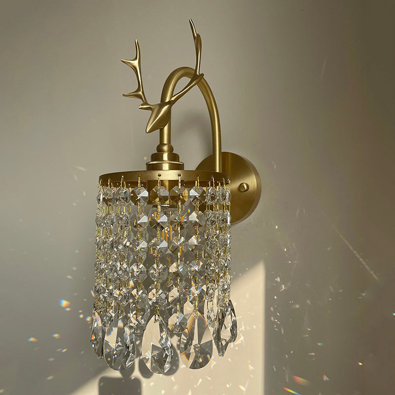 Copper Gold Wall Sconce in Modern Artistic Style Crystal 1-Light Wall Light with Antler Decoration