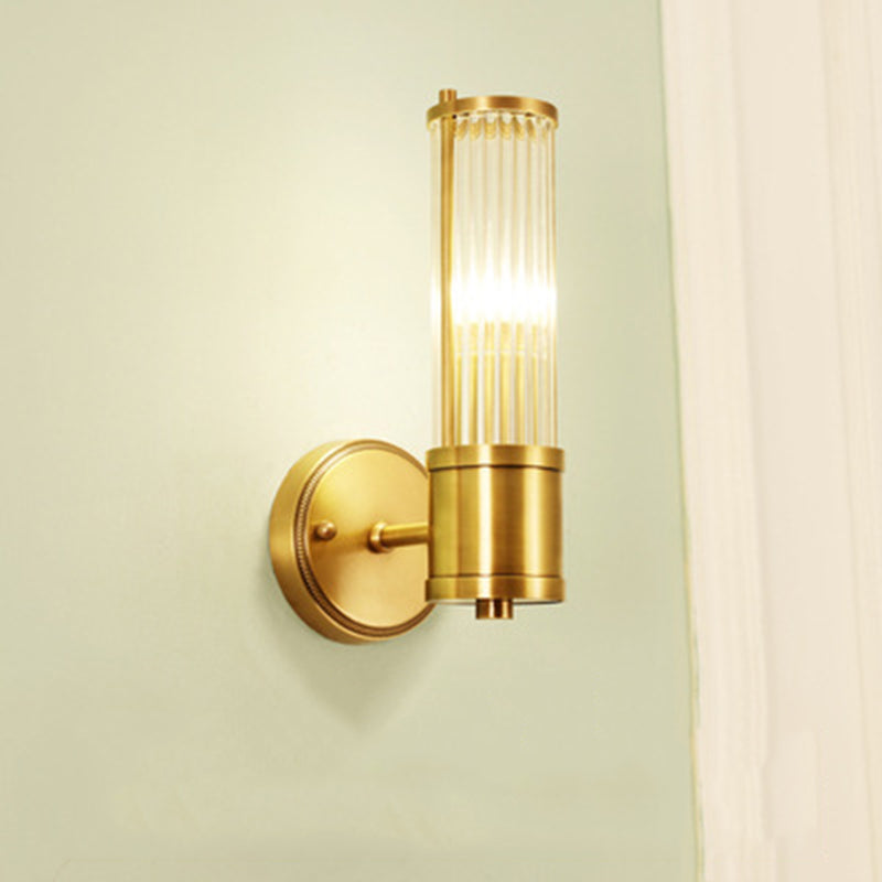 Gold Cylindrical Wall Sconce in Modern Luxury Style Copper Indoor Wall Light with Crystal Shade