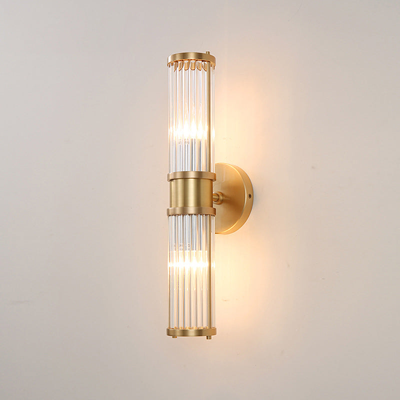 Gold Cylindrical Wall Sconce in Modern Luxury Style Copper Indoor Wall Light with Crystal Shade