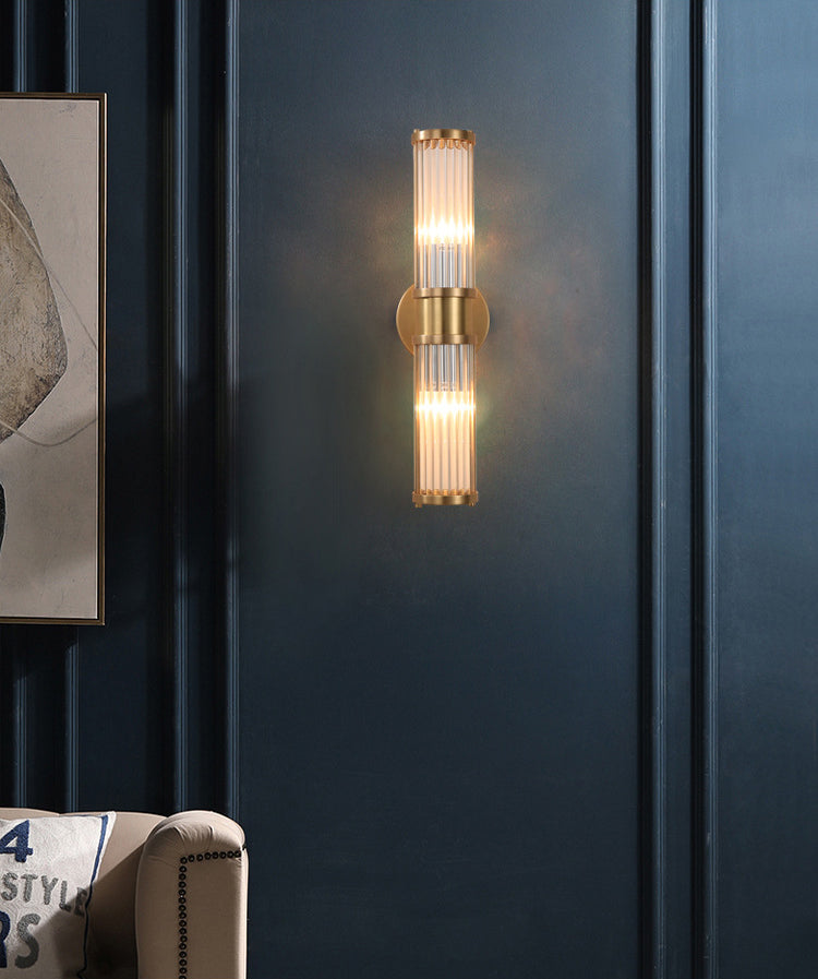 Gold Cylindrical Wall Sconce in Modern Luxury Style Copper Indoor Wall Light with Crystal Shade