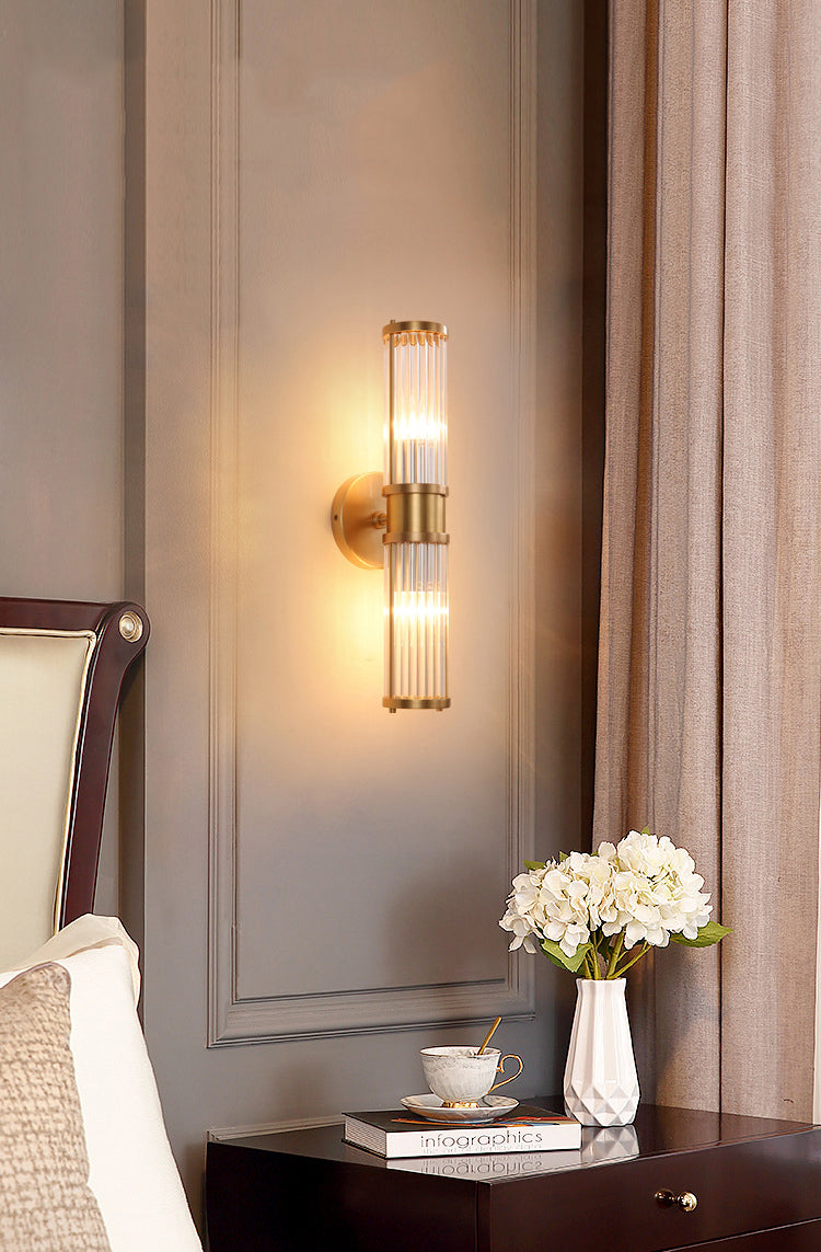 Gold Cylindrical Wall Sconce in Modern Luxury Style Copper Indoor Wall Light with Crystal Shade