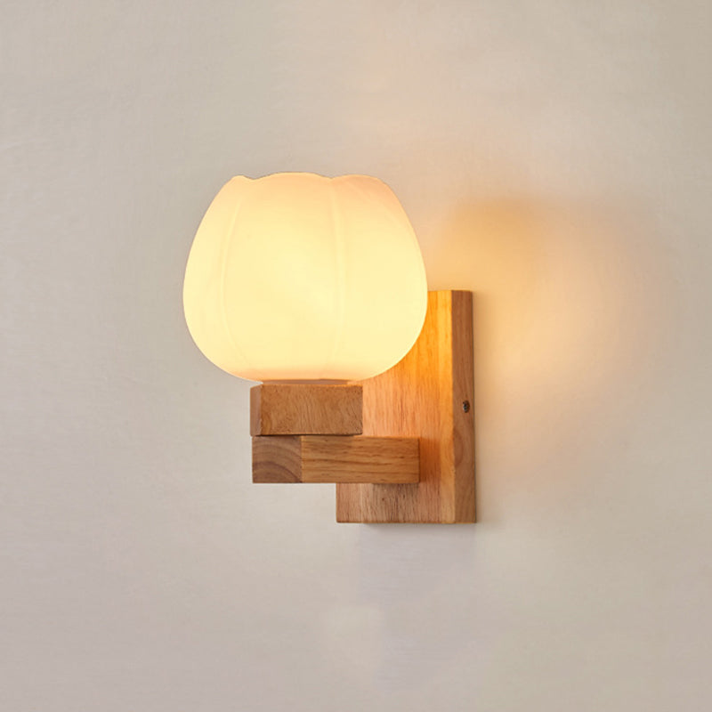 Wooden Shaded Wall Sconce Lighting Simplicity Style White Wall Mount Light Fixture