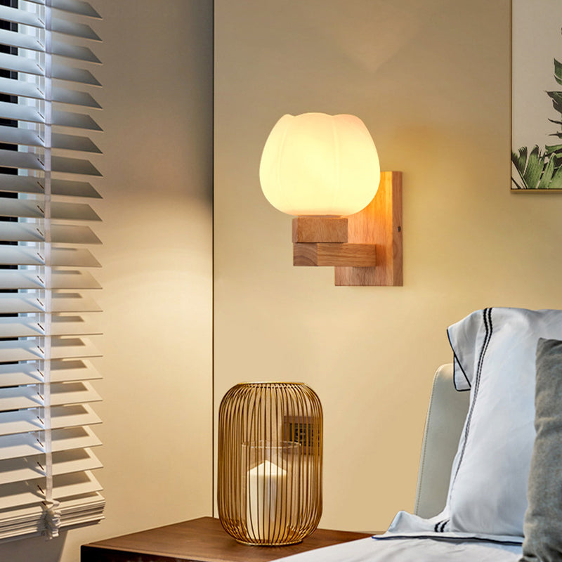 Wooden Shaded Wall Sconce Lighting Simplicity Style White Wall Mount Light Fixture
