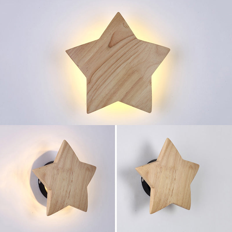 Modern LED Sconce Light Fixture Wood Star-Shaped Wall Sconce Lighting with Wooden Shade