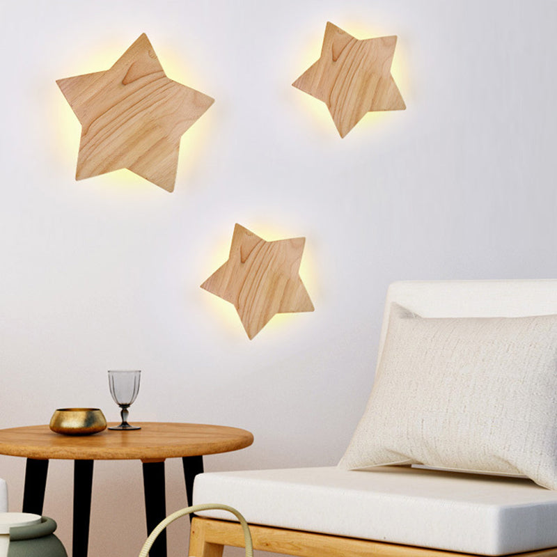 Modern LED Sconce Light Fixture Wood Star-Shaped Wall Sconce Lighting with Wooden Shade