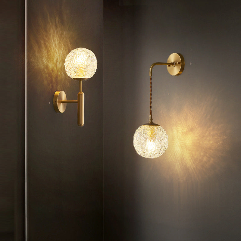 Gold Globe Hanging Wall Sconce in Modern Artistic Style Copper Indoor Wall Lamp with Ripple Crystal Shade