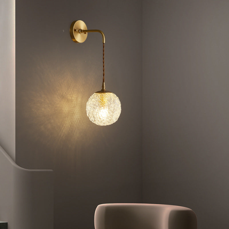 Gold Globe Hanging Wall Sconce in Modern Artistic Style Copper Indoor Wall Lamp with Ripple Crystal Shade