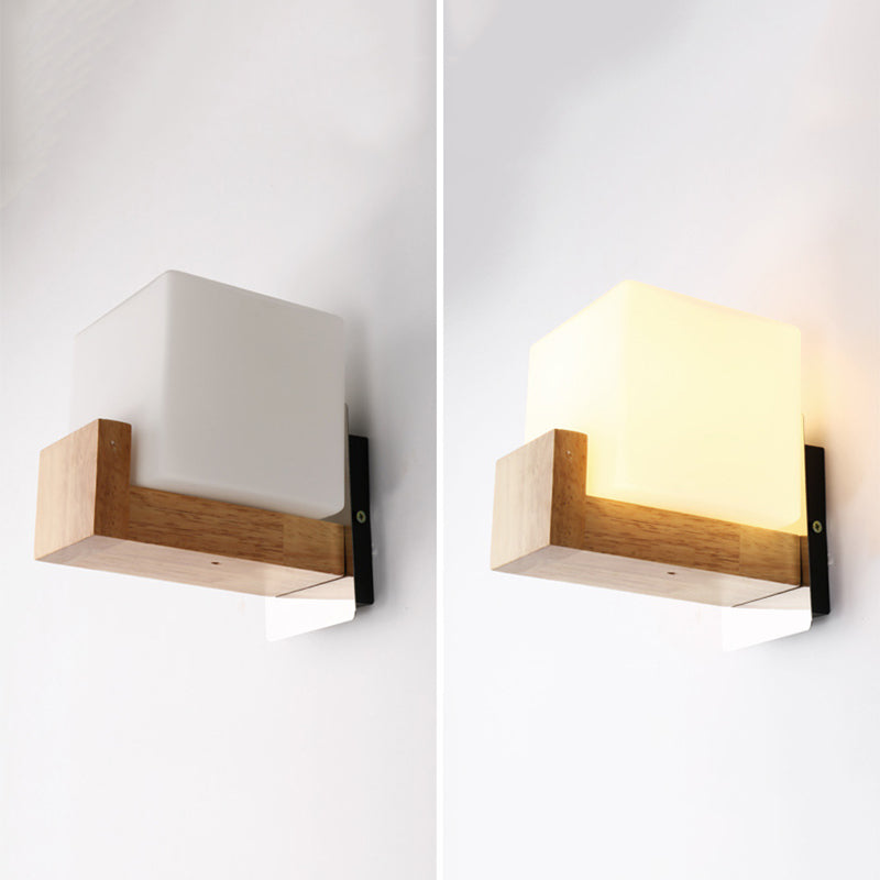 Nordic Style Squared Wall Sconce Lighting Wooden Bedroom Wall Light Sconce in White