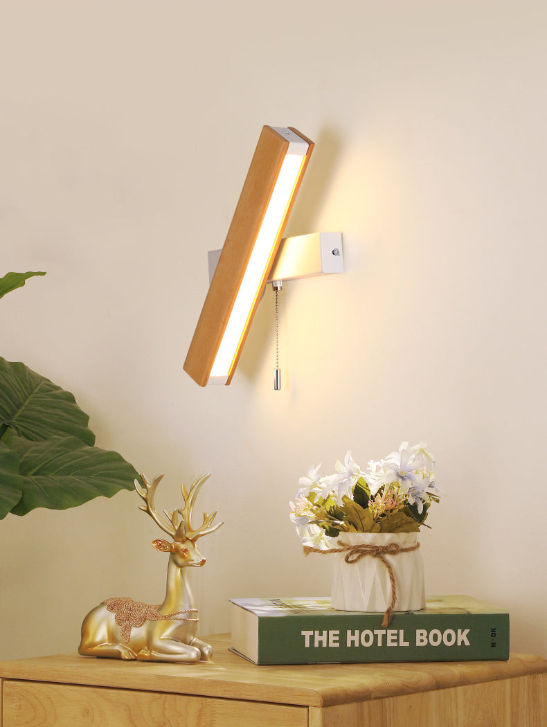 Wooden Creative Rotatable LED Wall Lamp Hand Pull Switch Design Sconce Light for Bedroom
