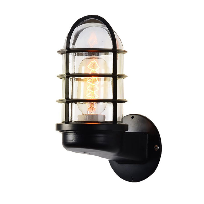 Antique Style Oval Wall Lamp 1-Light Clear Glass Sconce Light with Cage for Bathroom