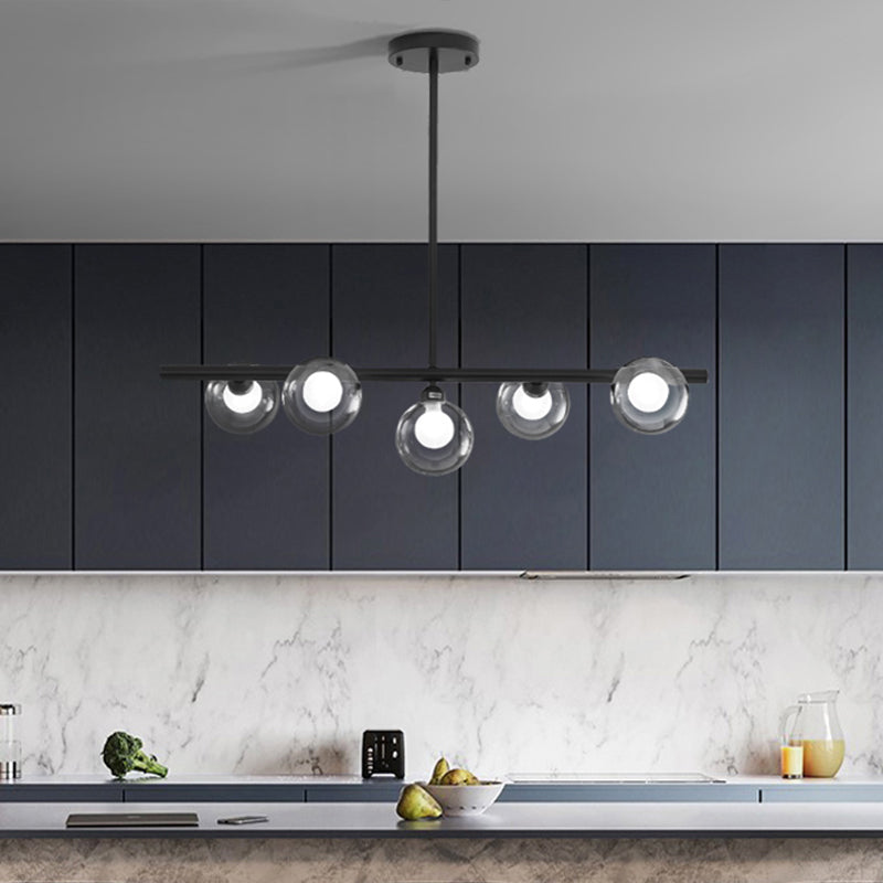 Contemporary 5 Heads Island Lighting Black Finish Global LED Suspension Pendant Lamp with Clear Glass Shade