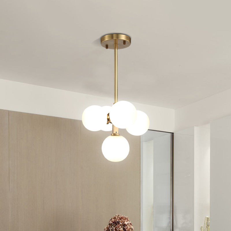 Brass Round Hanging Chandelier Modern 5 Heads White Frosted Galss LED Ceiling Pendant Light