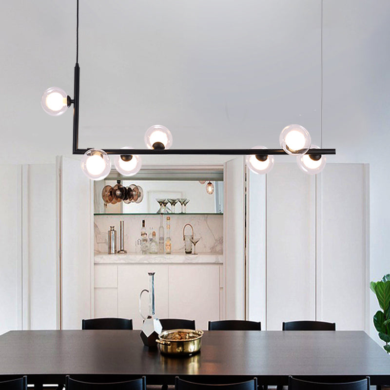 Contemporary Ball Clear Glass Island Lighting 7 Lights LED Suspension Pendant Lamp in Black with Right Angle Arm
