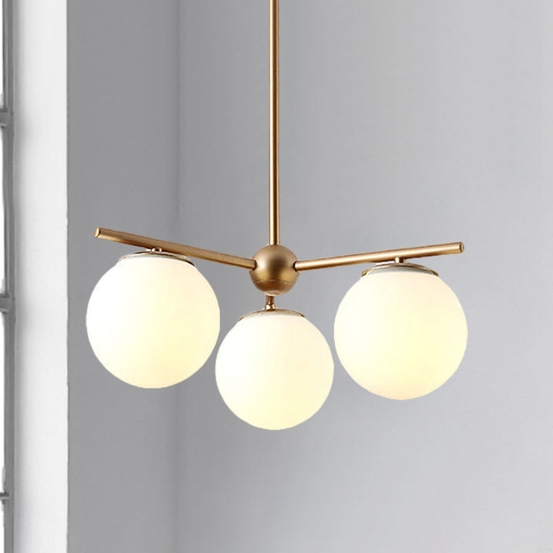 Globe Hanging Chandelier Modern White Frosted Glass 3 Lights Gold Ceiling Pendant Lamp for Bedroom