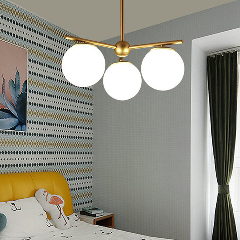 Globe Hanging Chandelier Modern White Frosted Glass 3 Lights Gold Ceiling Pendant Lamp for Bedroom