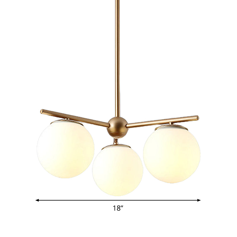Globe Hanging Chandelier Modern White Frosted Glass 3 Lights Gold Ceiling Pendant Lamp for Bedroom