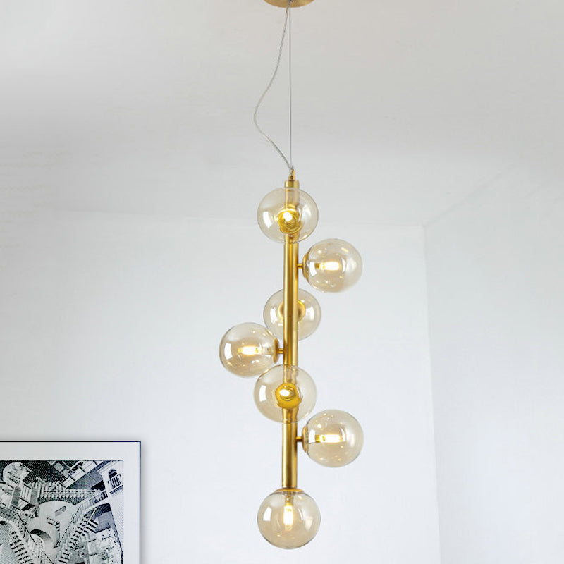 Cognac/Clear Glass Ball Ceiling Chandelier Modern 7 Heads LED Hanging Pendant Light in Gold for Living Room