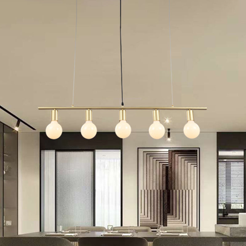 Iluminación de isla de metal lineal Iluminación contemporánea 5 bombillas Lámpara de techo colgante de acabado blanco/dorado para comedor