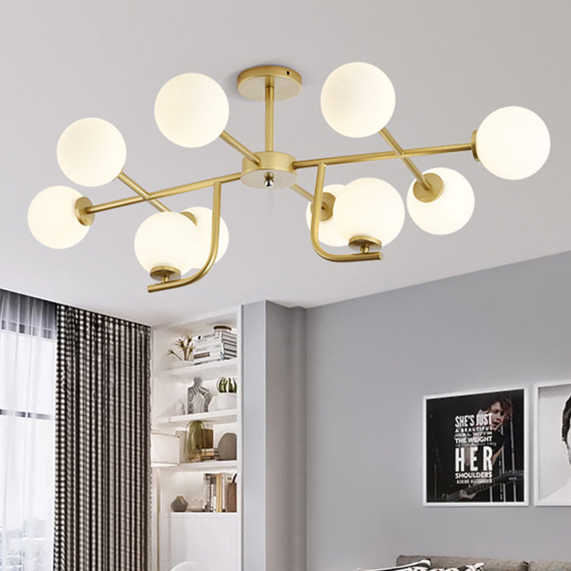 Gold Round Semi Flush Light Modernist 10 Bulbos de vidrio blanco cerca de la iluminación del techo